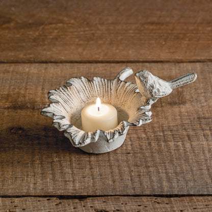 Farmhouse White Rustic Bird on a Leaf Dish Votive Holder/ Bird Feeder