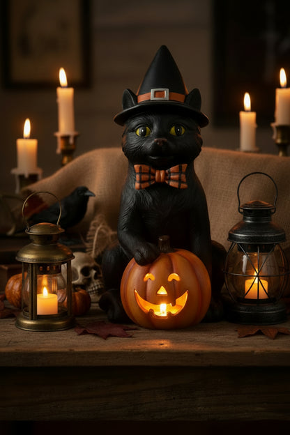 Folk Art Halloween 7.5 Inch Black Resin Cat w/Witch Hat &amp; LED Jack O Lantern