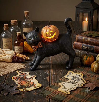 Folk Art Halloween 6.75 Inch Black Resin Cat w/Bow Tie LED Jack O Lantern