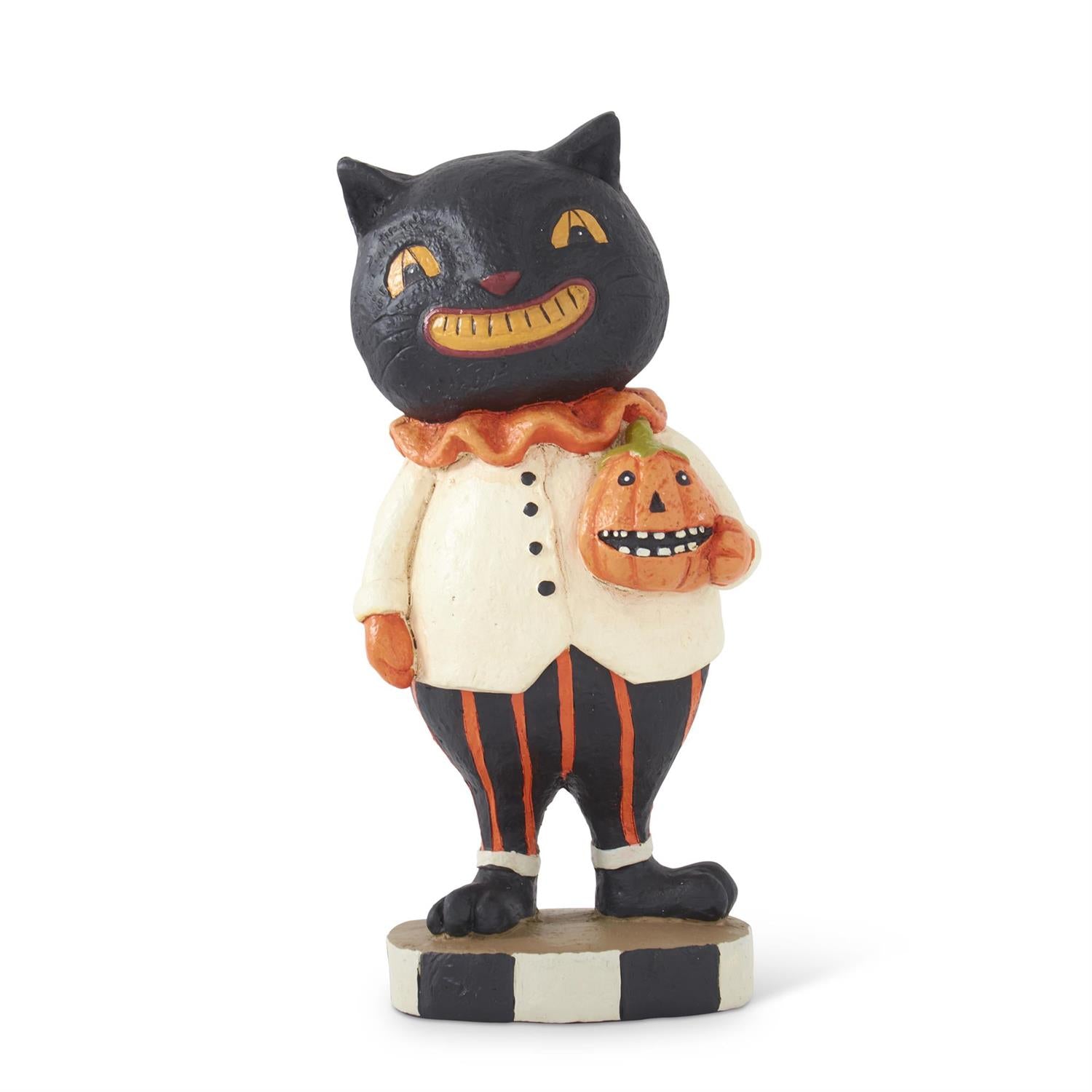 Folk Art Halloween Retro Look 11&quot; Black Cat Holding Jack O Lantern Figurine - The Primitive Pineapple Collection