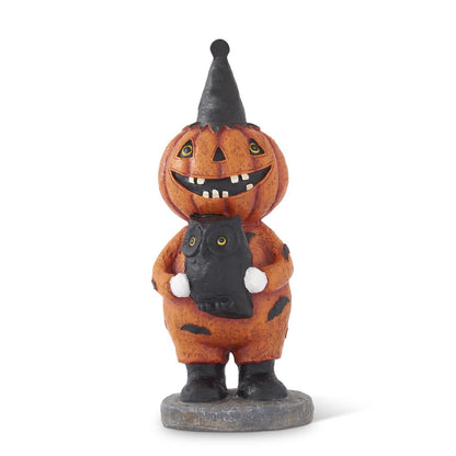 Folk Art Halloween Retro Look 11.25 Inch Jack O Lantern Holding Owl Figurine - The Primitive Pineapple Collection