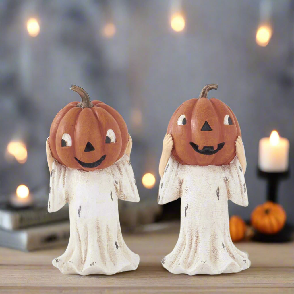 Folk Art Halloween 6.25 "Silly Jack O Lantern Head Ghost Figurine 2 Styles - The Primitive Pineapple Collection