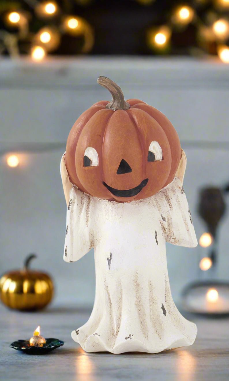 Folk Art Halloween 6.25 &quot;Silly Jack O Lantern Head Ghost Figurine 2 Styles - The Primitive Pineapple Collection