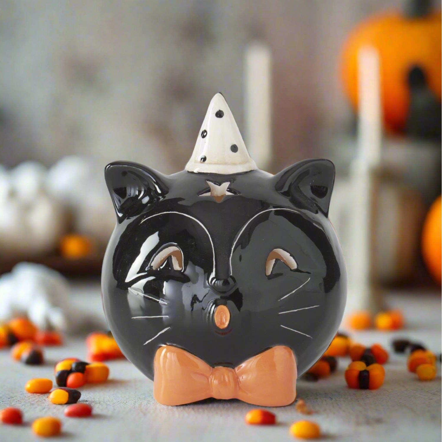 Halloween Folk Art Retro look 4.5&quot; Ceramic LED Black Cat Head Figurine
