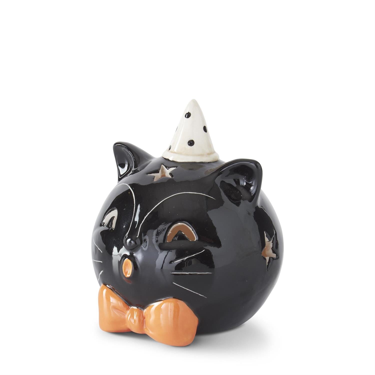 Halloween Folk Art Retro look 4.5&quot; Ceramic LED Black Cat Head Figurine