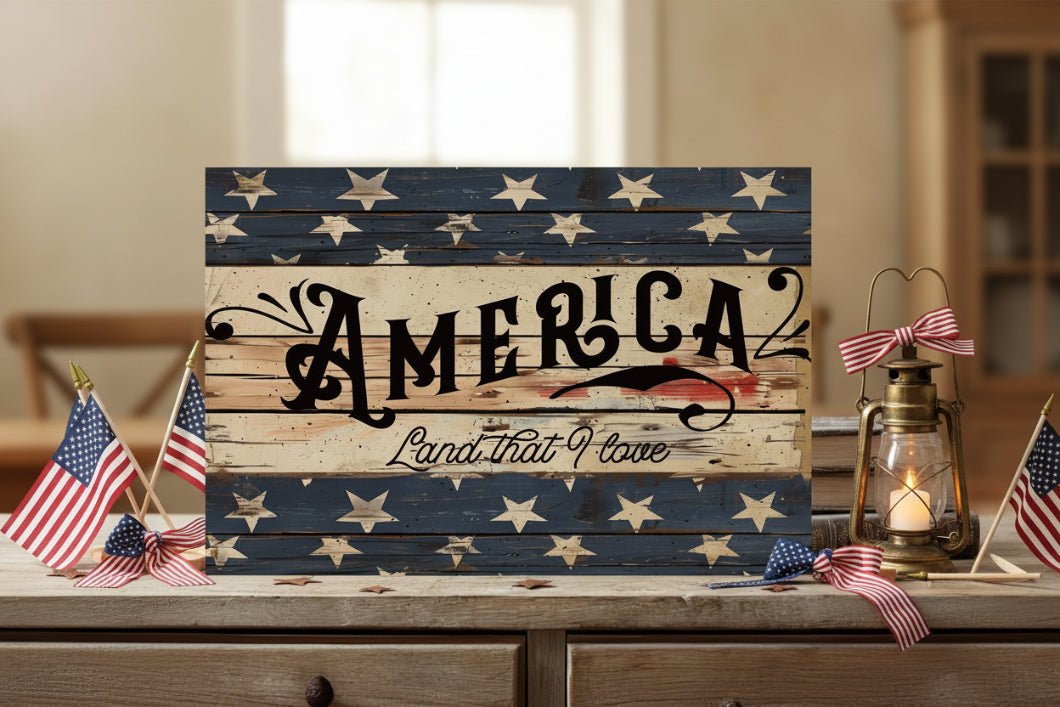 America Land That I Love – Patriotic Wall Decor 12" x 8" - The Primitive Pineapple Collection