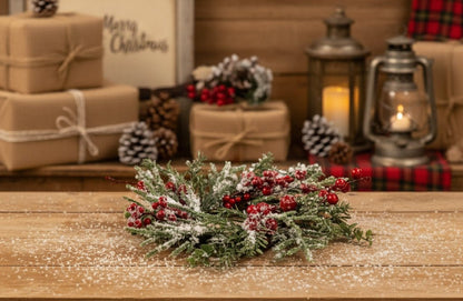 Ragon House Christmas Holiday 12&quot; Snowy Evergreen w/ Red Berry Candle Ring/Wreath - The Primitive Pineapple Collection