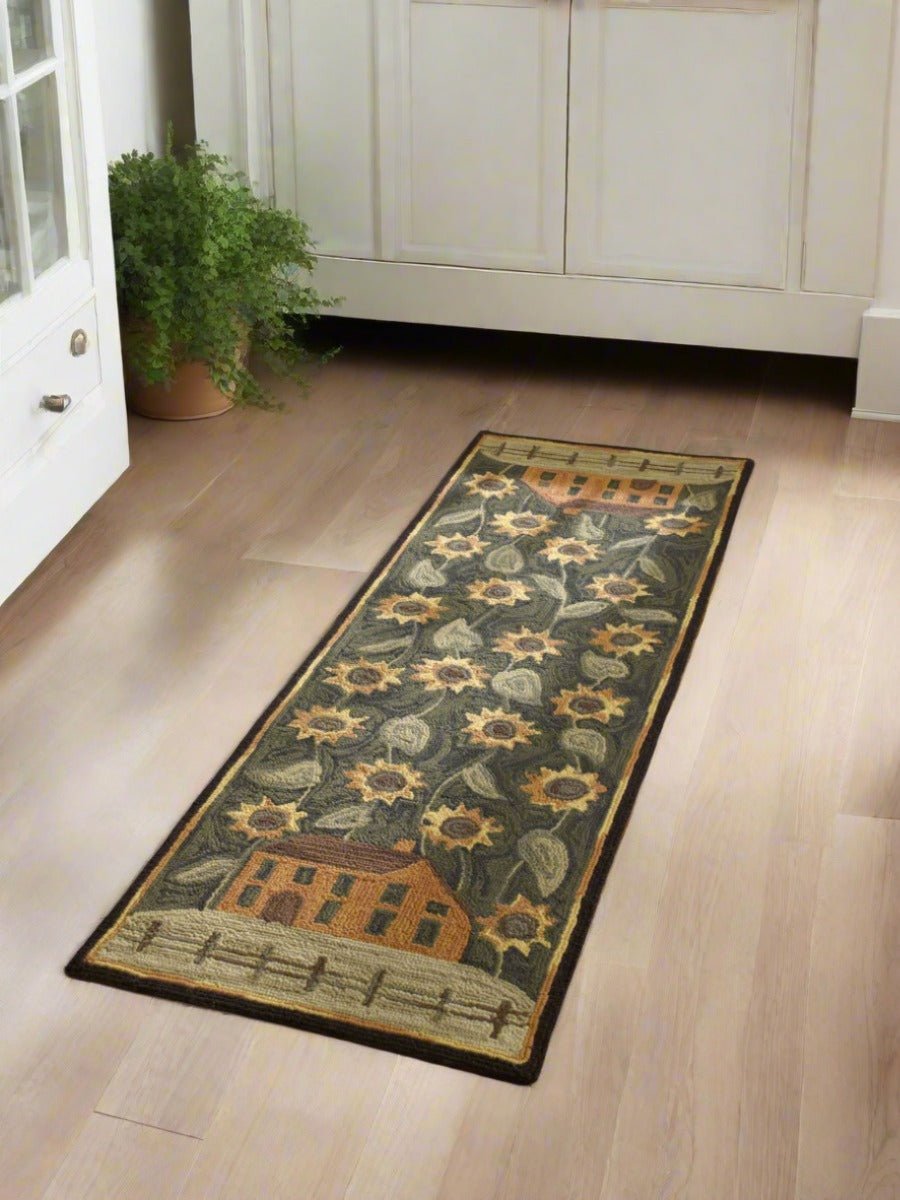 Primitive/Country House and Sunflower Hooked Rug Runner - The Primitive Pineapple Collection