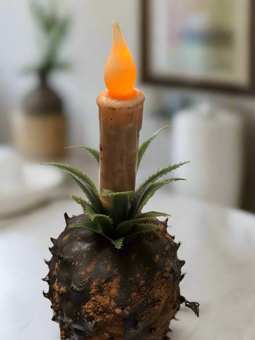 Primitive Colonial Grungy Cinnamon Scented Pineapple with 4&quot; Cream Taper - The Primitive Pineapple Collection