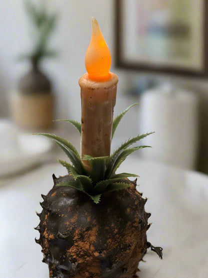 Primitive Colonial Grungy Cinnamon Scented Pineapple with 4&quot; Cream Taper - The Primitive Pineapple Collection