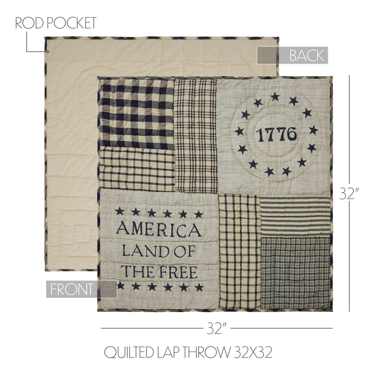 Primitive Farmhouse Patriotic My Country Quilted Lap Throw 32Wx32L - The Primitive Pineapple Collection