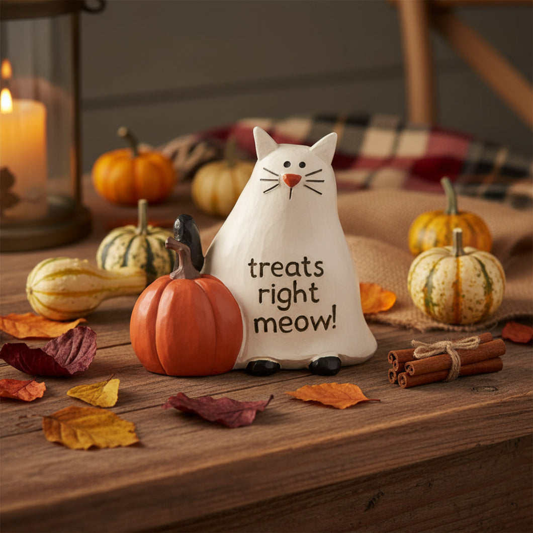 Blossom Bucket Cat in Ghost Costume Figurine – Halloween Resin Décor