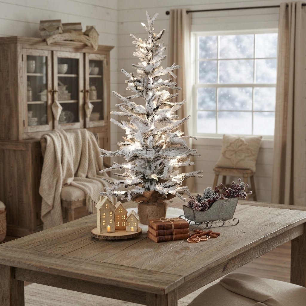36" Pre-Lit Snowy Pine Christmas Tree with Burlap Base