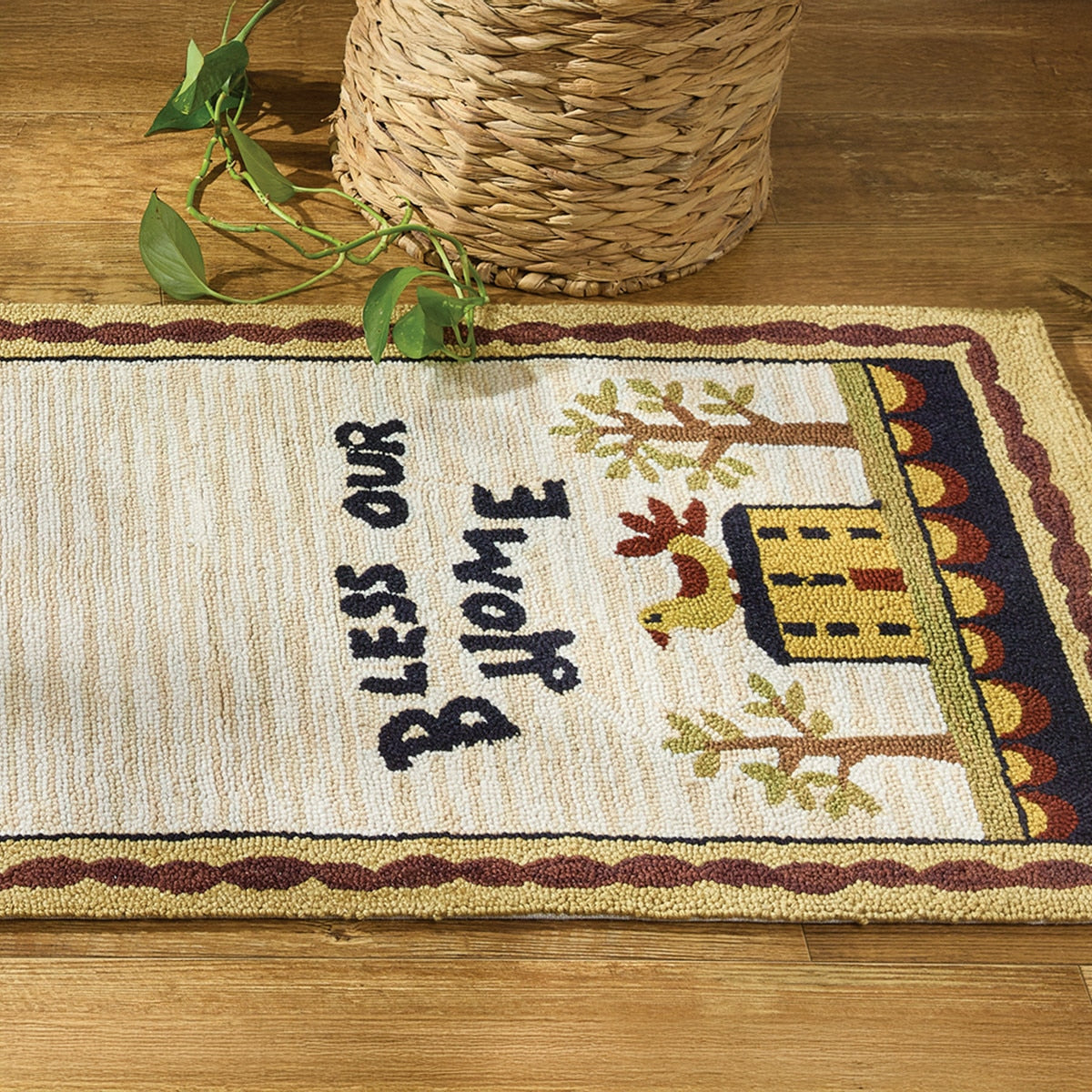 Primitive Farmhouse Bless Our Home Hooked Rug Runner