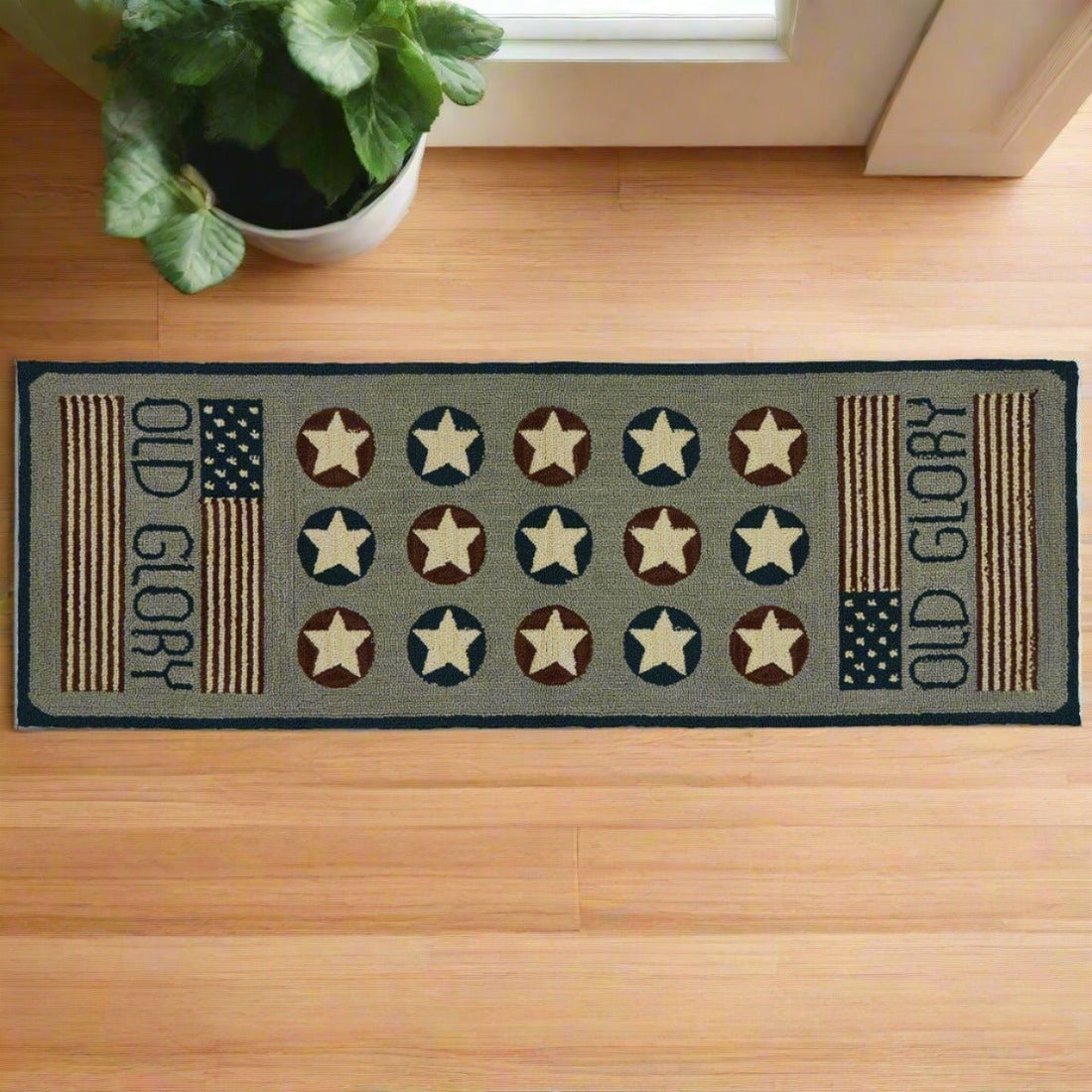 Primitive Old Glory Flag Hooked Rug Runner w/ Stars - 2&