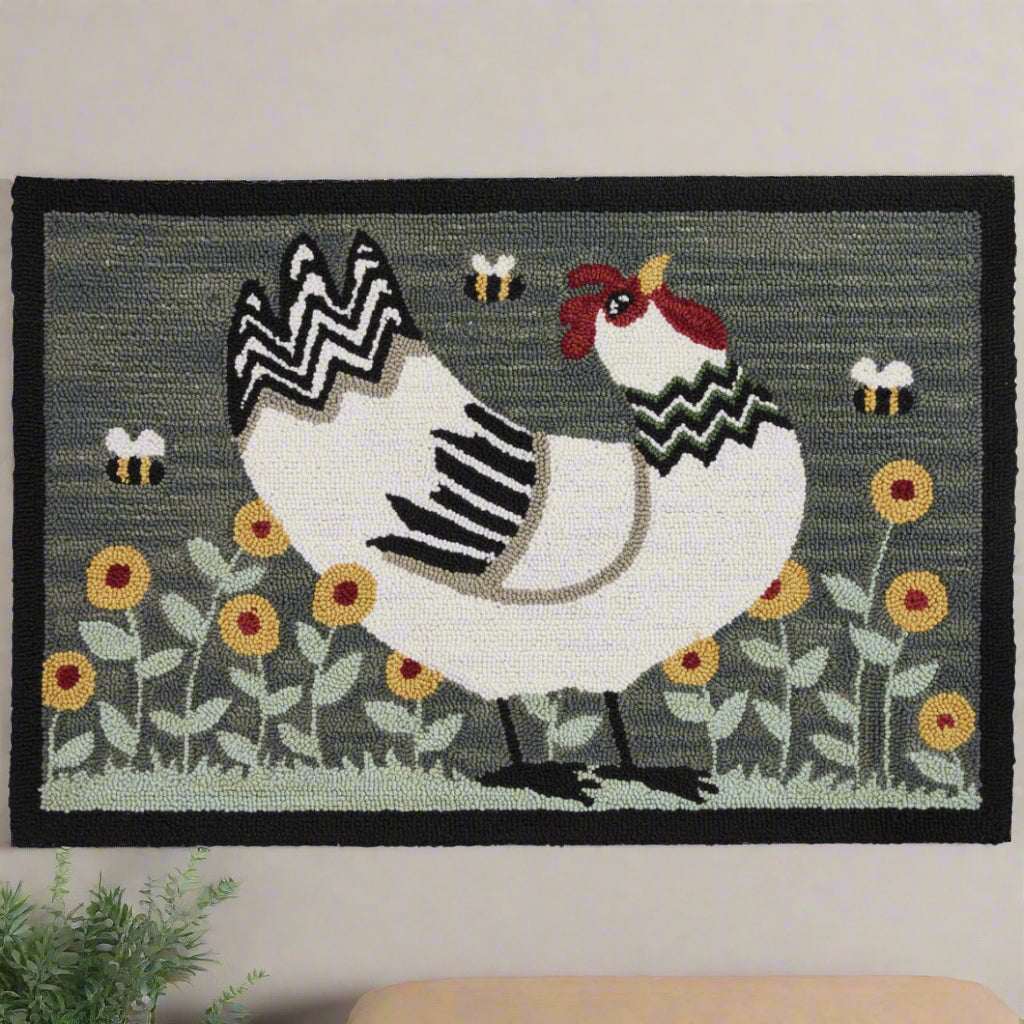 Primitive Farmhouse My Little White Hen Hooked Rug 2&