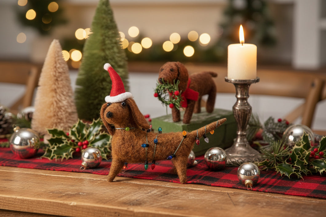 Primitive Felt Dachshund and Lights Critter Holiday Ornament