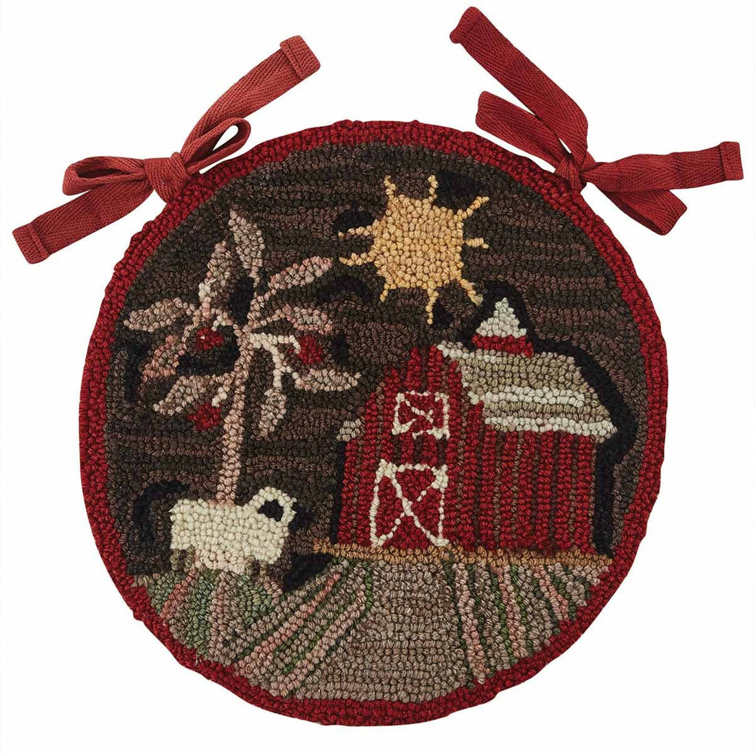 Primitive Farmhouse Theme Barn Sheep Hooked Chair Pad 14.5" - The Primitive Pineapple Collection