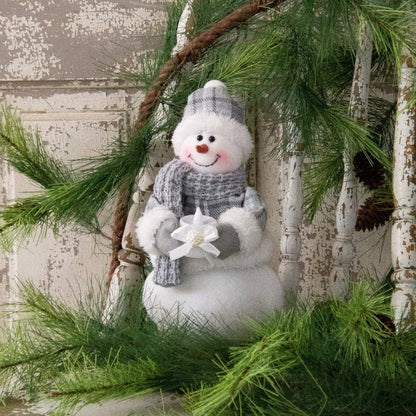 Primitive Christmas Gray Plaid Snowman Holding Light Up Candle - The Primitive Pineapple Collection