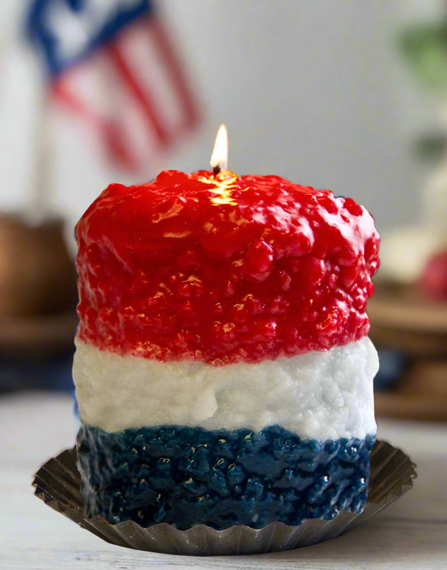 Primitive Handcrafted Patriotic Red/White/Blue Peace Hearth Candle - The Primitive Pineapple Collection