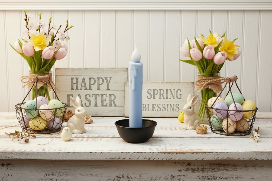 Spring Easter Handcrafted 7” Pastel Light Blue Led Timer Taper Candle - The Primitive Pineapple Collection