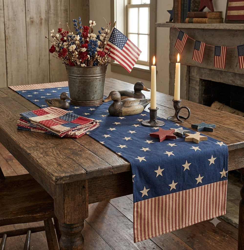 Primitive Colonial Farmhouse Freedom Stars and Stripes Table Runner 14x45"Cotton