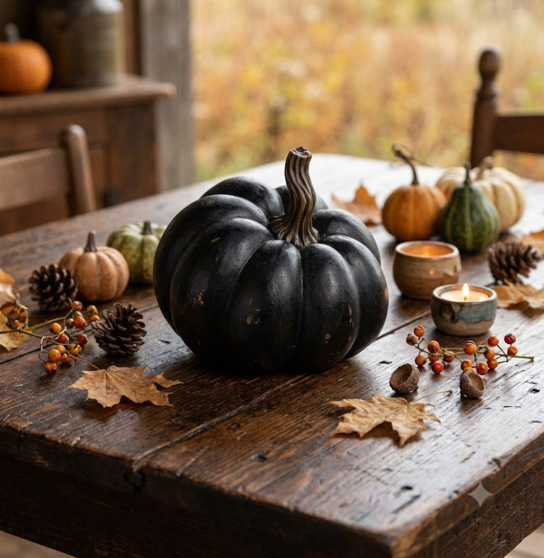 Ragon House Fall 5.25" Life Like Black Resin Pumpkin w/ Twisted Stem