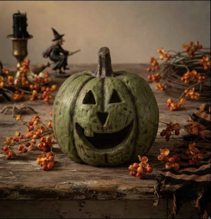 Ragon House Mache 5.5" Olive Green Big Mouth Pumpkin Jack O Lantern Halloween - The Primitive Pineapple Collection