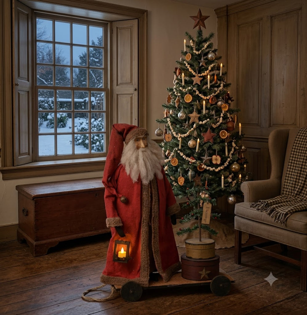 Primitive Christmas Blessings Santa w/ Feather Tree and Nesting Boxes on Cart 26"