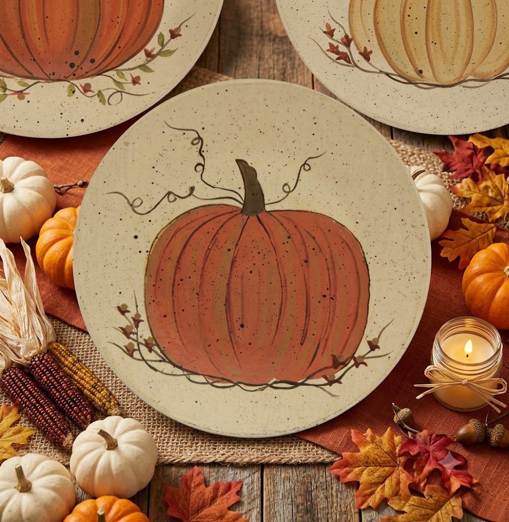 Primitive Fall Halloween White Pumpkins Plate - 3 Asst