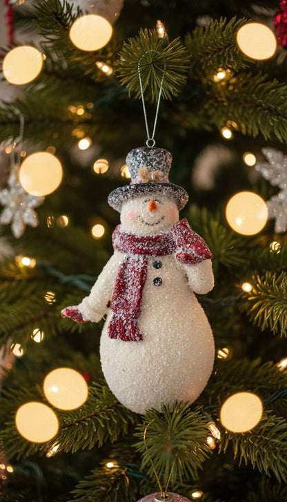 Primitive Christmas 4.25 Inch Glittered Resin Vintage Snowmen Ornaments 2 Styles - The Primitive Pineapple Collection