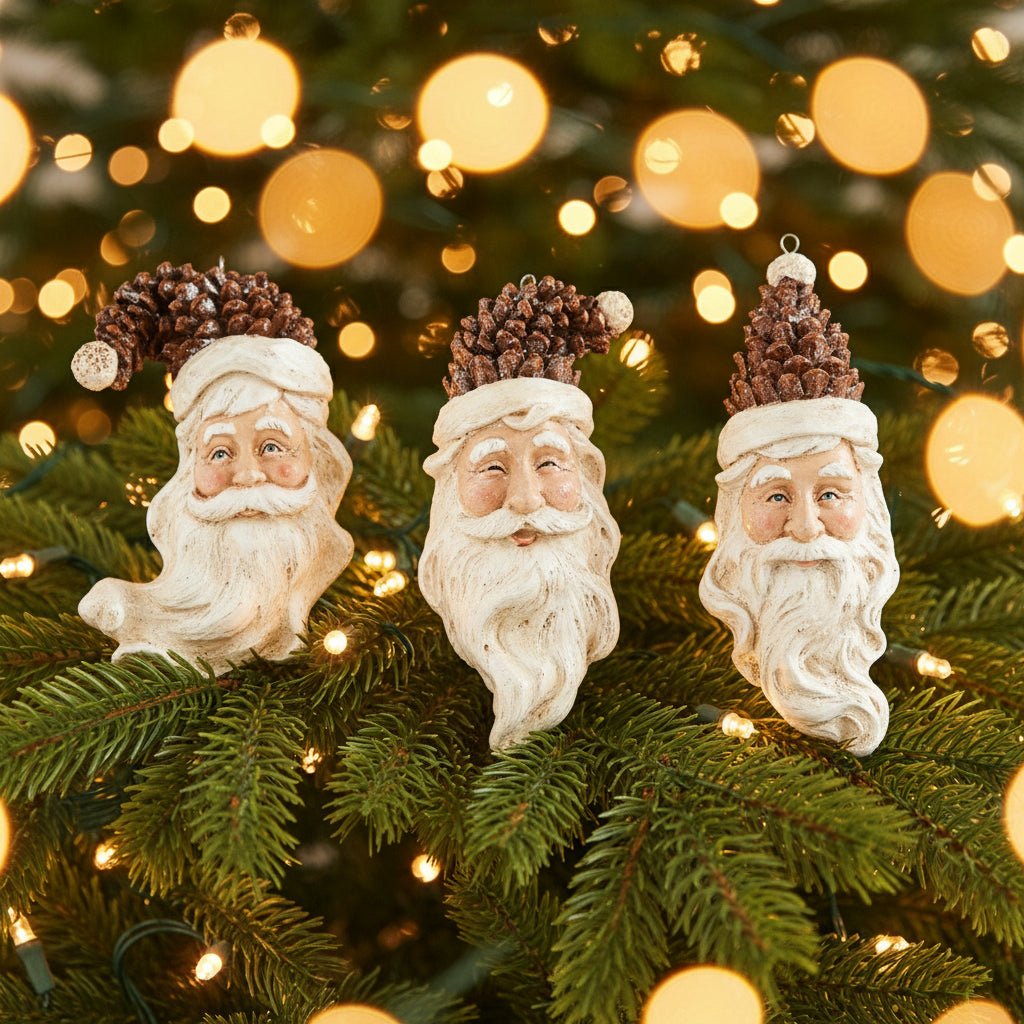 Primitive Vintage Look 3 pc Pinecone Santa Face Ornaments - The Primitive Pineapple Collection