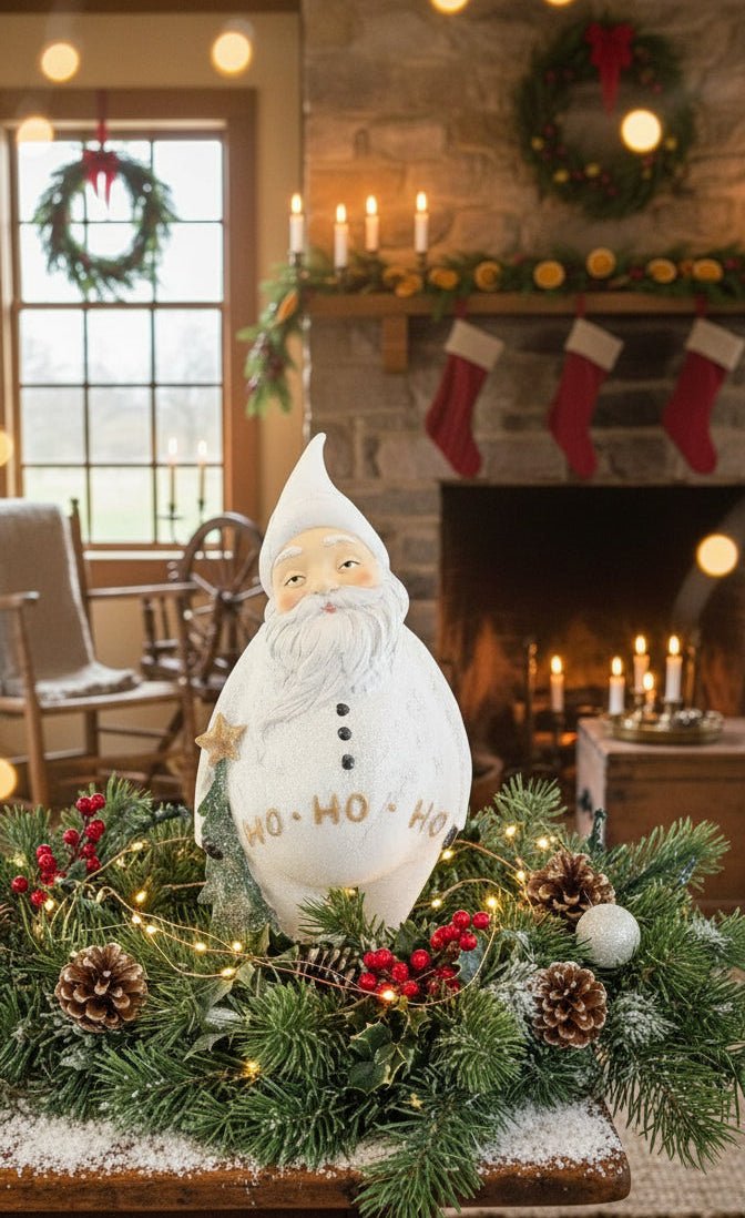 Primitive Christmas Folk Art Glitter White Santa 12.5&quot; 2 styles - The Primitive Pineapple Collection