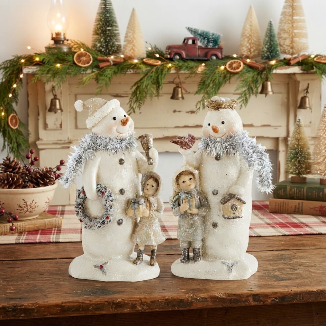 Primitive Vintage Look Christmas 7.5" Resin Snowman w/Child Figurine 2 Styles - The Primitive Pineapple Collection