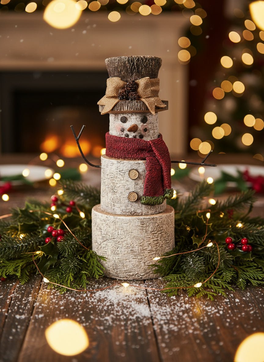 Primitive Christmas 10&quot;Birch Snowman with Red Scarf Figurine - The Primitive Pineapple Collection
