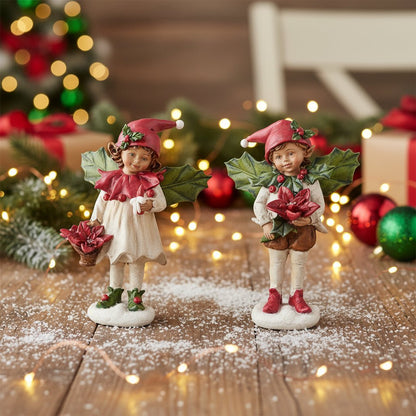 Primitive Vintage look Christmas 8&quot; Resin Boy Girl Elves with Holly Wings Figurine 2pc Set - The Primitive Pineapple Collection