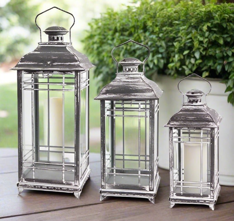 Primitive Farmhouse 3 pc Rustic Weathered Candle Lanterns - The Primitive Pineapple Collection