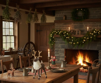 Primitive Farmhouse Christmas Wool Reindeer Shelf Sitter w/ Bells 9&quot; - The Primitive Pineapple Collection