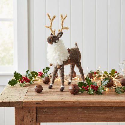 Primitive Farmhouse Christmas Wool Reindeer Shelf Sitter w/ Bells 9&quot; - The Primitive Pineapple Collection