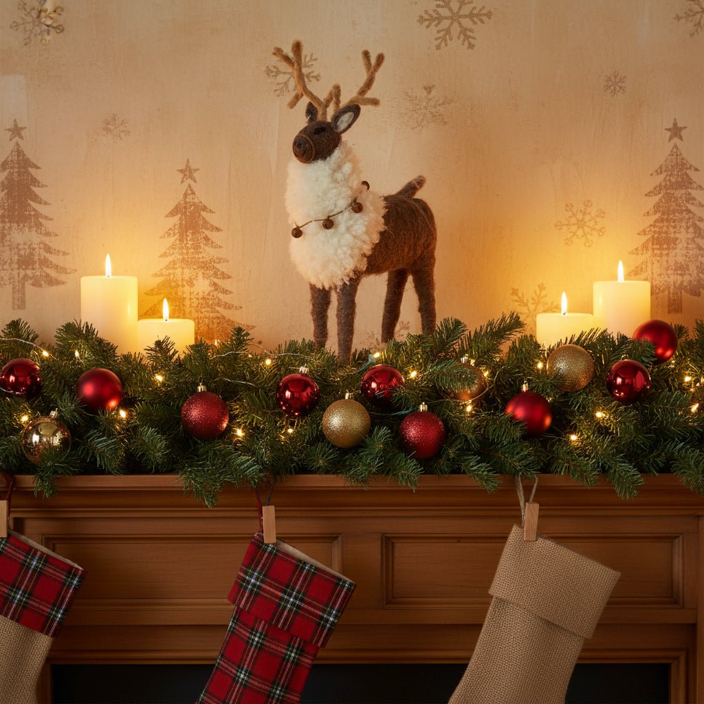 Primitive Farmhouse Christmas Wool Reindeer Shelf Sitter w/ Bells 12.25&quot; - The Primitive Pineapple Collection