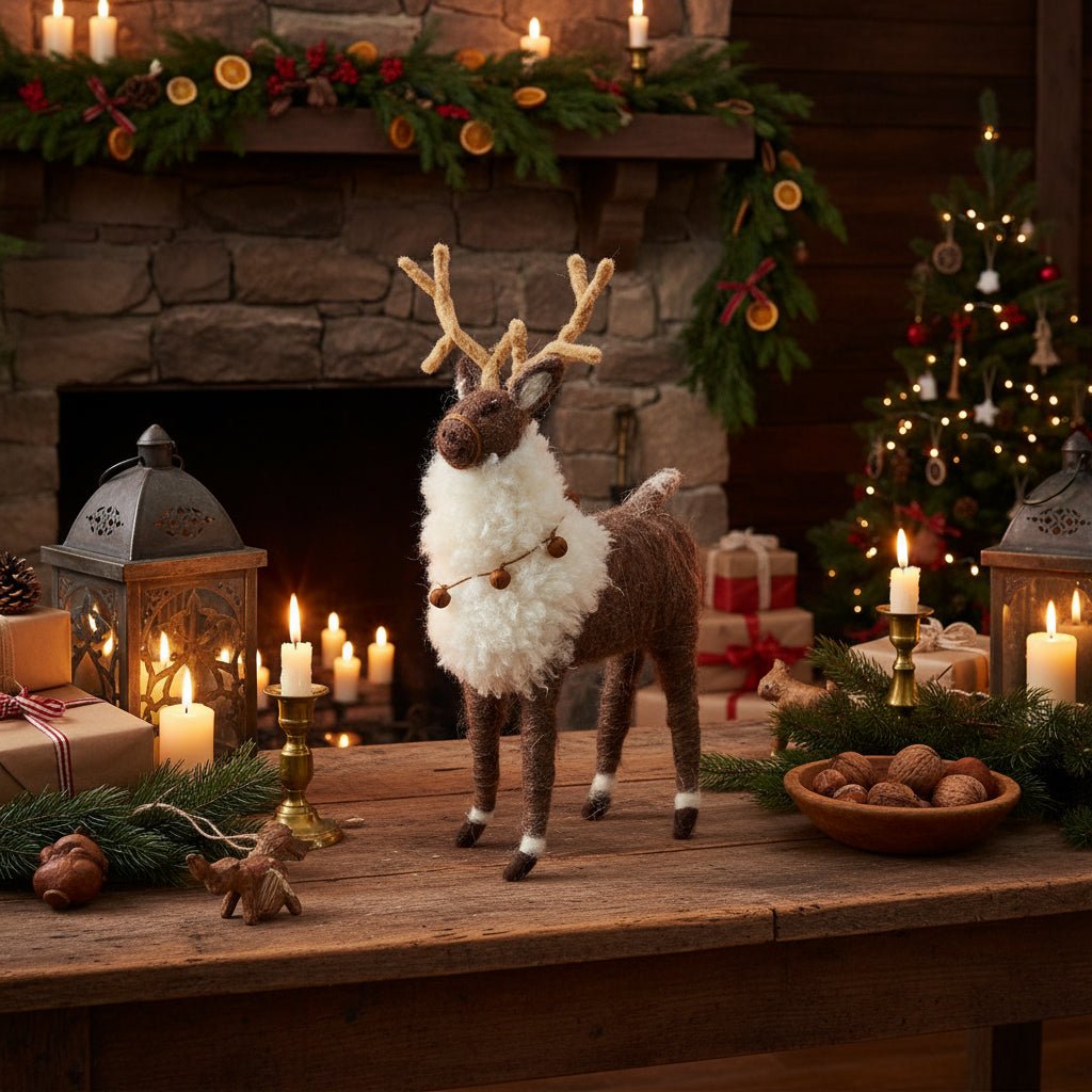 Primitive Farmhouse Christmas Wool Reindeer Shelf Sitter w/ Bells 12.25&quot; - The Primitive Pineapple Collection