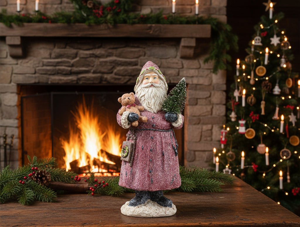 Christmas 12.75 Inch Vintage Glittered Santa w/ Teddy Bear and Tree - The Primitive Pineapple Collection