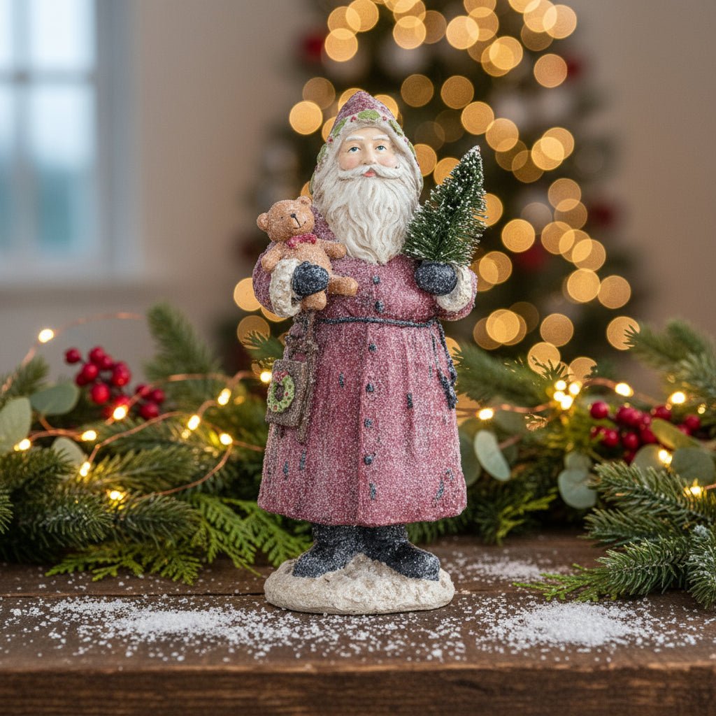 Christmas 12.75 Inch Vintage Glittered Santa w/ Teddy Bear and Tree - The Primitive Pineapple Collection