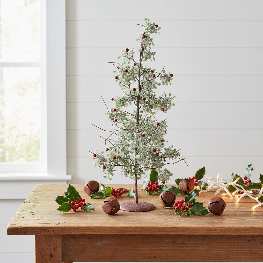 Christmas Farmhouse Rustic 24 Inch Glittered Mistletoe Tree w/Red Berries - The Primitive Pineapple Collection