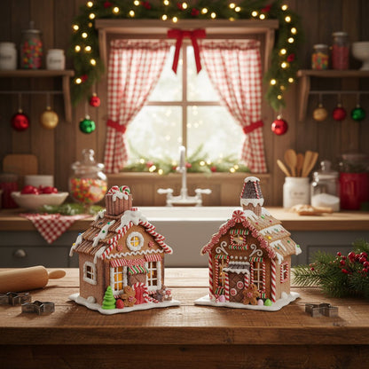 Christmas Resin Glittered LED Gingerbread Houses w/Timer 2 Styles - The Primitive Pineapple Collection