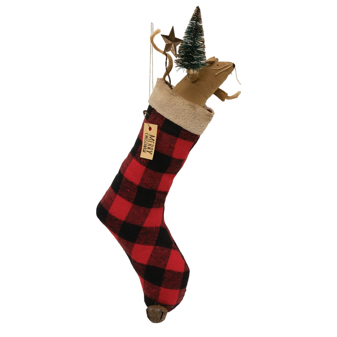 Primitive Christmas 17.5&quot; Buffalo Plaid Stocking w/ Mouse and Christmas Tree