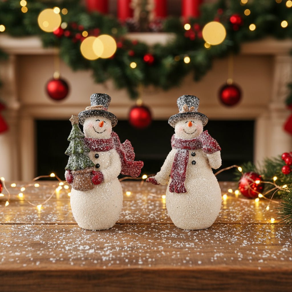 Primitive Christmas 4.25 Inch Glittered Resin Vintage Snowmen Ornaments 2 Styles - The Primitive Pineapple Collection