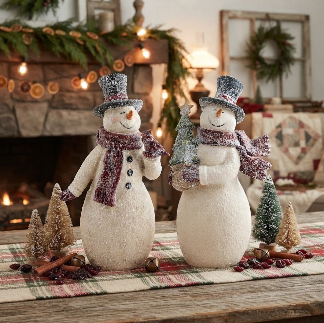 Primitive Vintage Look Christmas 8.5" Glittered Snowman Figurine, 2 Styles - The Primitive Pineapple Collection