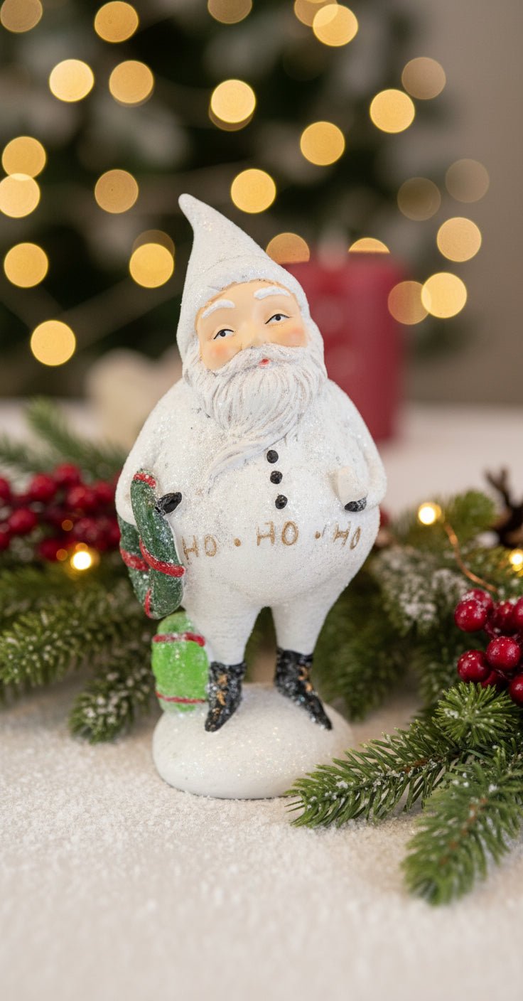 Primitive Folk Art Glitter White Santa 6.5&quot; Inch 2 styles - The Primitive Pineapple Collection