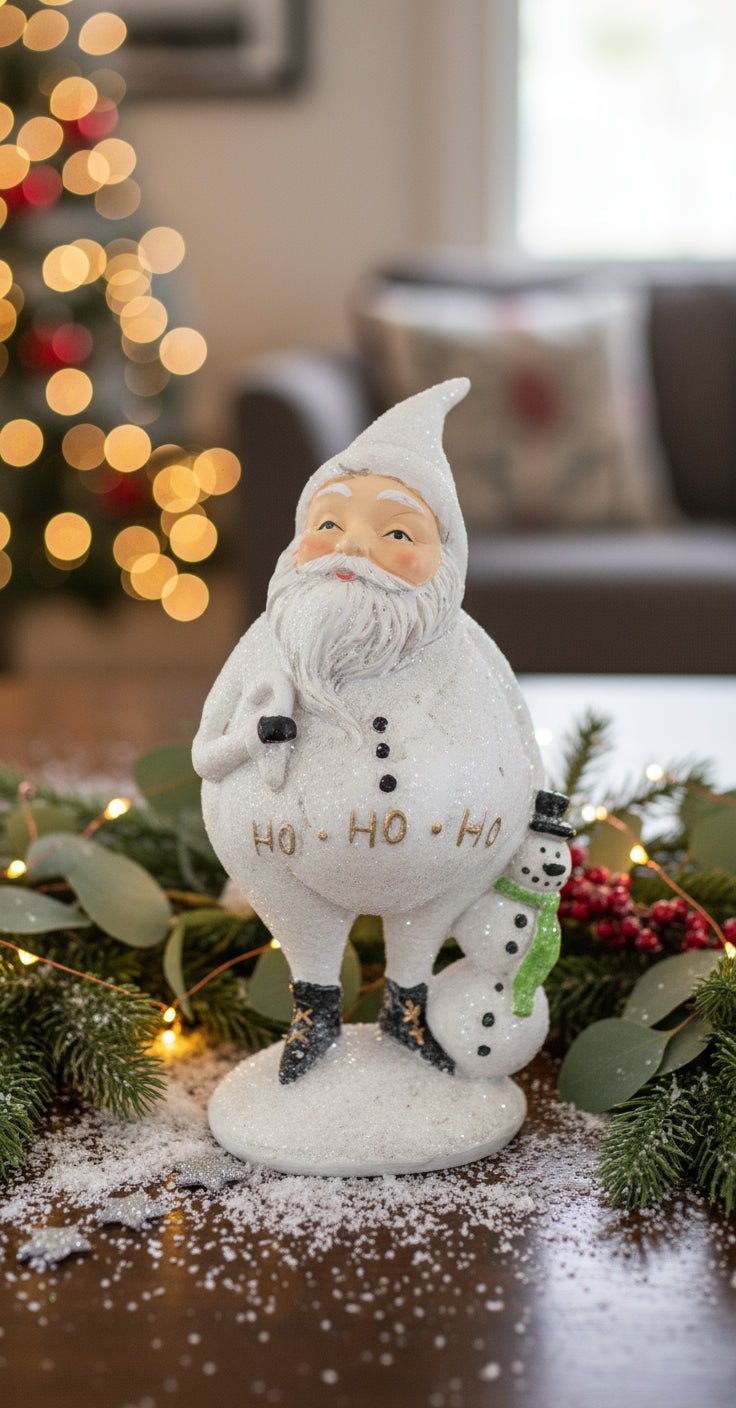 Primitive Folk Art Glitter White Santa 6.5&quot; Inch 2 styles - The Primitive Pineapple Collection